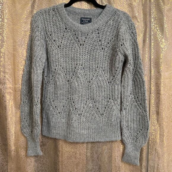 Abercrombie & Fitch Gray Fuzzy Alpaca Wool Open Knit Chunky Sweater XS - Picture 1 of 10